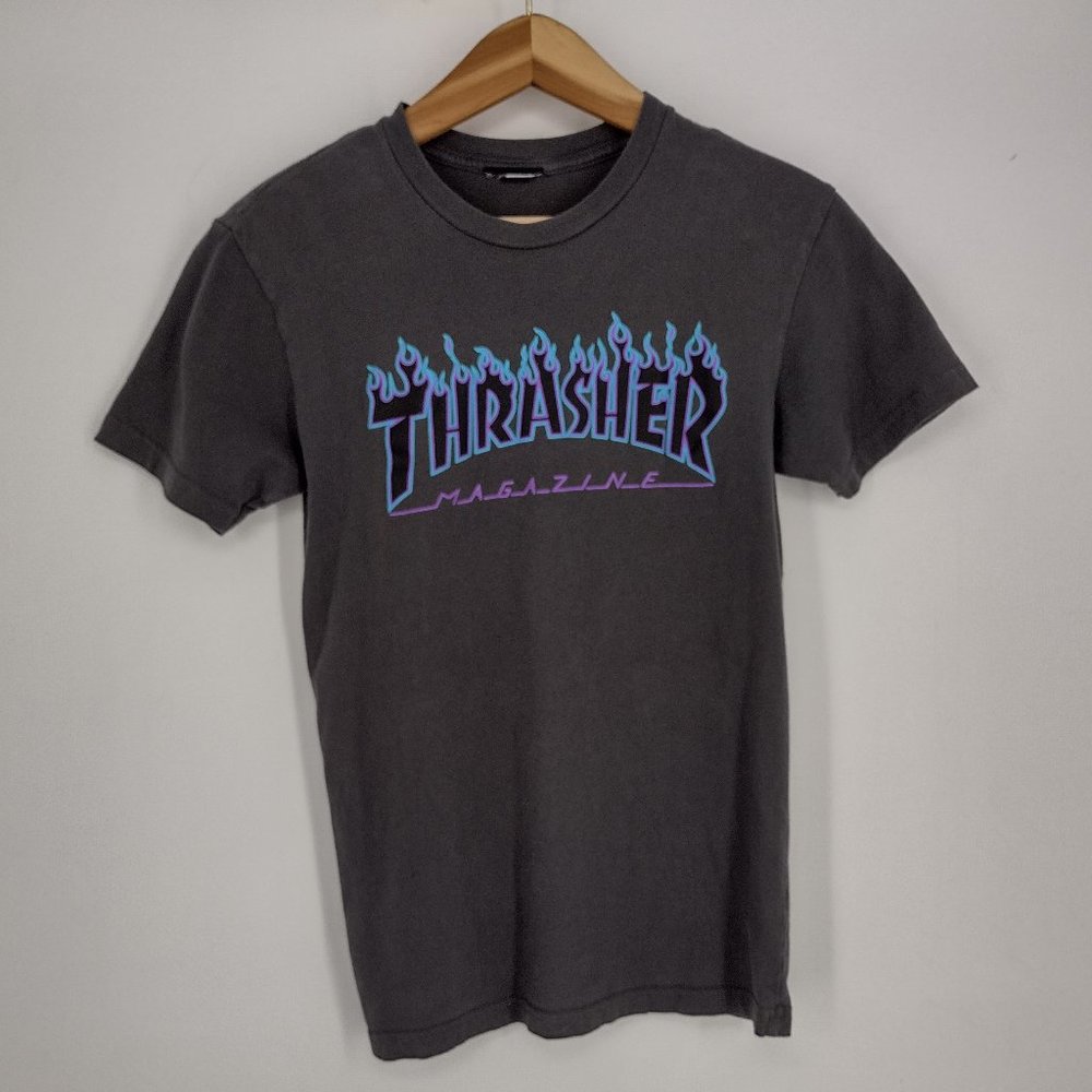 Thrasher Classic Flame Logo Skate Magazine Gray Blue & Purple T-Shirt